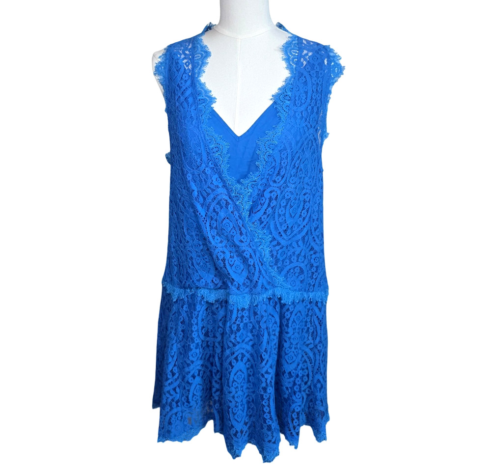 Free People Deep Ocean Blue Lace Dress M Boho Festival Sleeveless V Neck NWT